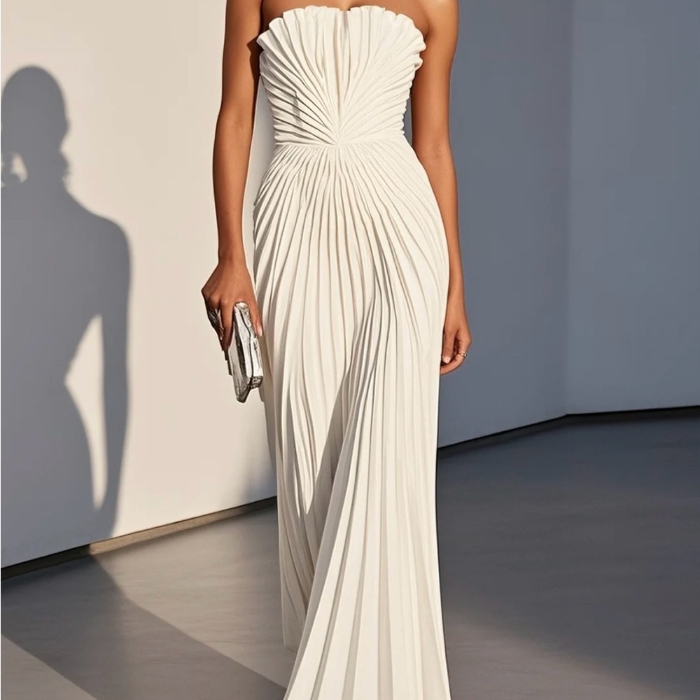 Strapless White Pleated Maxi Dress